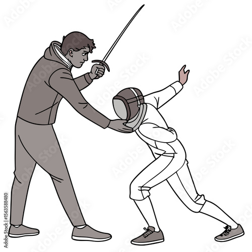 Coach guiding fencer posture with sword fencing athlete