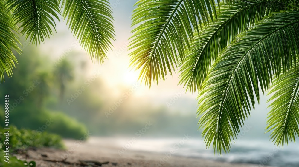Obraz premium Tropical palm leaves by the beach at sunrise