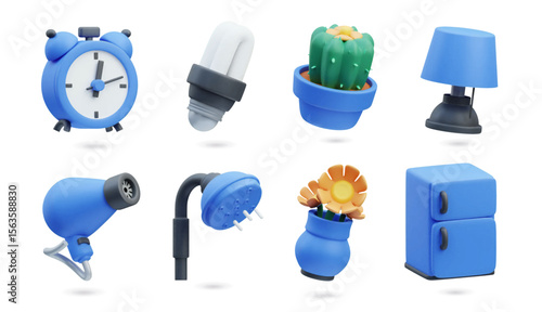 3D icons illustration set. Border of 3d home appliances and decor items. Alarm clock, light bulb, cactus, flower pot, lamp, and refrigerator rendered. Vector isolated cartoon illustration
