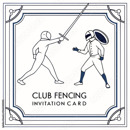 Fencers dueling with swords in protective gear on invitation card fencing sport