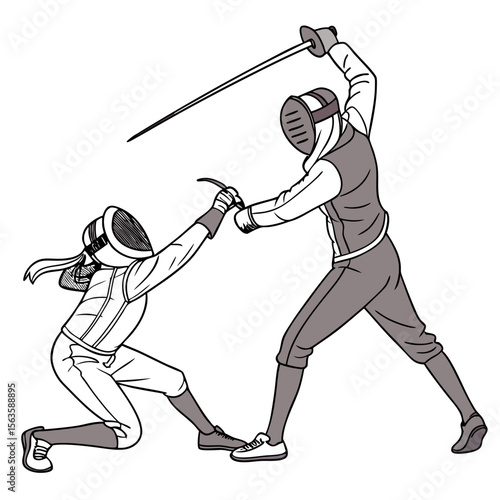 Fencers engaged in intense sabre combat fencing duel