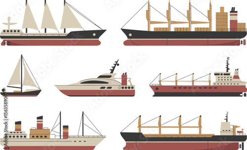 Illustration showing a collection of different types of ships including sailboats and cargo ships