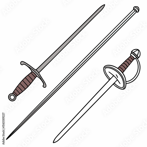Three fencing swords with brown handles and silver blades foil épée