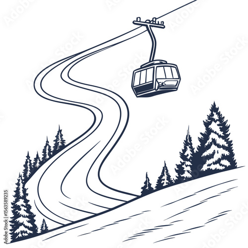 Ski lift gondola moving over snowy slope with pine trees cable car ski resort