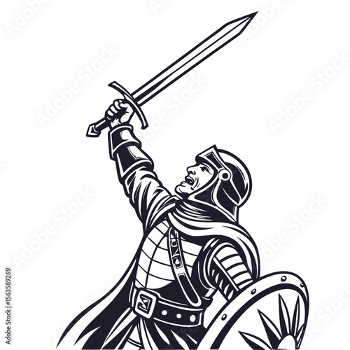 Warrior raising sword and shield in victory pose medieval