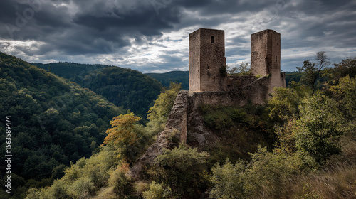 Close-up view of a medieval 900s castle, weathered stone walls, moss-covered battlements, narrow arched windows, dramatic lighting, dark moody sky, cinematic atmosphere, ancient fortress details,ai