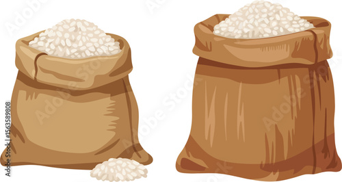 Two brown burlap sacks filled with white rice grains sitting on a white background in an illustration