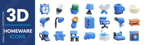 3D icons illustration set. Border of 3d homeware and furniture items. Alarm clock, light bulb, cactus, utensils, cup, bowl, chair, and washing machine rendered. Vector isolated cartoon illustration
