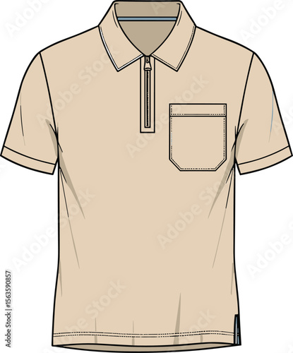 Modern Beige Polo Shirt with Zipper Detail and Chest Pocket, Minimalist Fashion Illustration