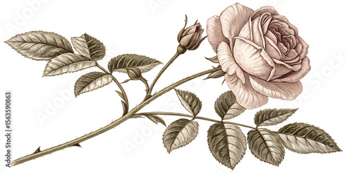 Vintage sepia tone rose and bud with leaves isolated on transparent background