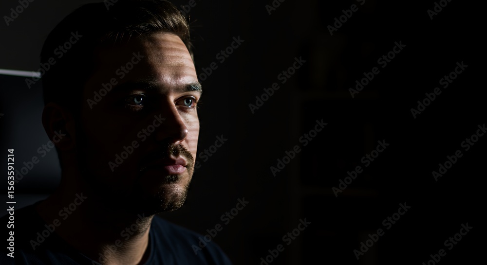 Pensive young man gazes thoughtfully into the darkness, lost in contemplation. Pensive young man gazes thoughtfully into the darkness, lost in contemplation.