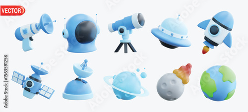 Space 3d vector icon set. Alien Gun, Astronaut Helmet, Comet, Earth, Rocket, Satellite, Satellite Dish, Saturn, Ufo and Telescope
