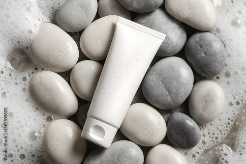White cosmetic tube on natural smooth stones with foam and bubbles, spa skincare concept, clean beauty product flatlay with soap suds, realistic high-quality photography for advertising