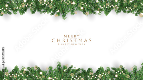 Merry Christmas and Happy New Year greeting card vector poster. Christmas elegant invitation template. Christmas and Happy New Year decoration border with fir branches background.