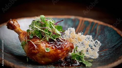 Close up view of a roasted chicken leg quarter, glazed with a dark brown sauce, garnished with microgreens and a crispy, lacy garnish, presented on a rustic, dark teal plate. Dark background.