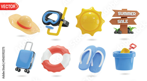 3d Realistic Summer and Travel Icons Set. Beach Hat, Scuba Mask Diving, Sun, Summer Sale Board, Suitcase, Floating Ring, Flip Flops, Bucket With Shovel. Time to Travel Concept 3d vector

