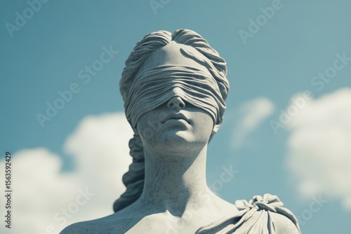 Lady Justice Stands Tall: A stoic statue of Lady Justice, blindfolded, stands resolute against a backdrop of a vibrant blue sky, embodying the ideals of fairness and impartiality.