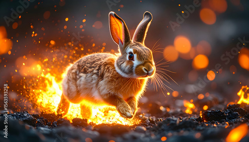 A magnificent rabbit gracefully leaps through a stunning inferno of vibrant light and flying embers.