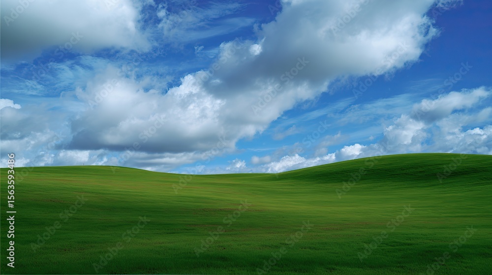 Fototapeta premium Large expanses of green meadows stretch under a white cloud-covered blue sky, showcasing endless natural beauty and are perfect for a variety of activities and landscapes.