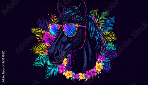 Vibrant neon horse in stylish sunglasses surrounded by glowing tropical foliage and flowers