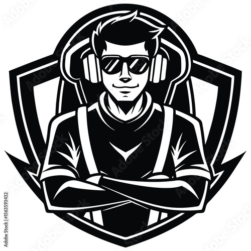 Smiling man with headphones and sunglasses, arms crossed, emblem style