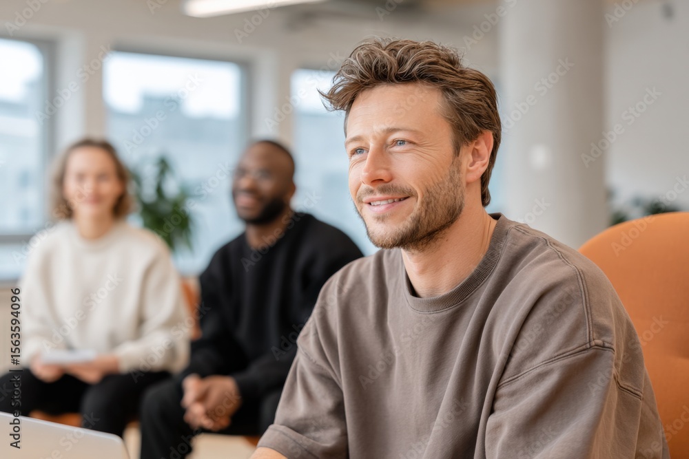 Friendly diverse team of young professionals smiling and engaging in a casual meeting in a bright modern office space with natural light Friendly diverse team of young professionals smiling and engaging in a casual meeting in a bright modern office space with natural light