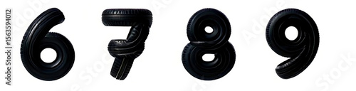 Numbers 6 7 8 9 Made of Black Car Tires – Creative 3D Typography on White Background 