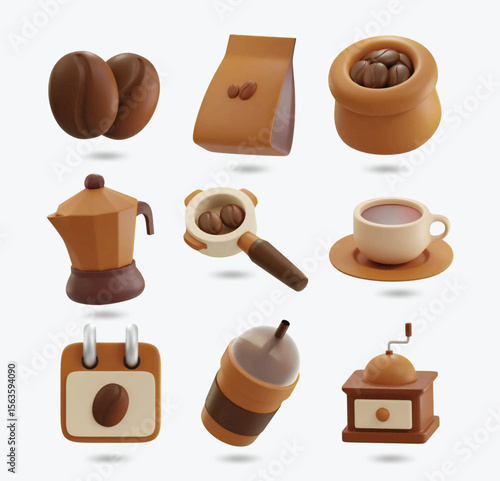 Set of realistic 3D Coffee icons. Beans, Beans Sack, Cup, Grinder, Tree, Iced Coffee, International Coffee Day, Moka Pot, Portafilter. 3d coffee shop concept
