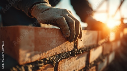 Close-up of a mason laying bricks with precision at sunset
