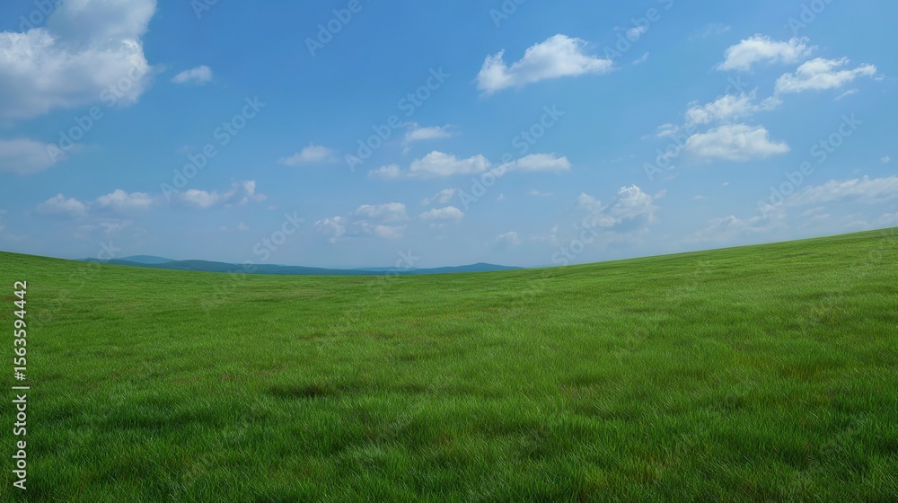 Naklejka premium Large expanses of green meadows stretch under a white cloud-covered blue sky, showcasing endless natural beauty and are perfect for a variety of activities and landscapes.