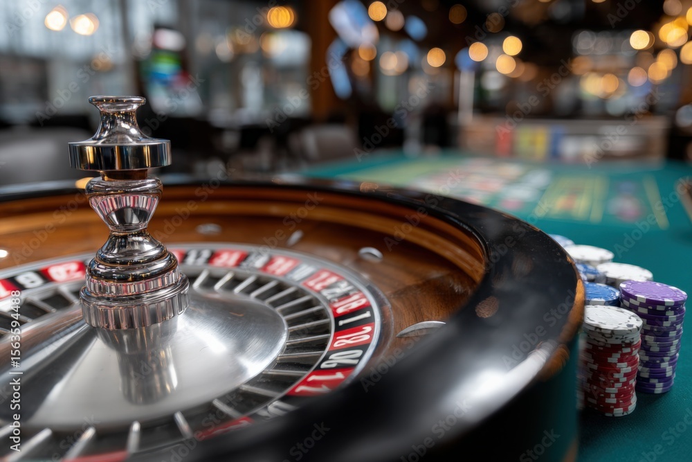 Obraz premium Close-up View of a Roulette Wheel at a Casino with Chips and Gaming Tables in Background for Gambling and Betting Atmosphere