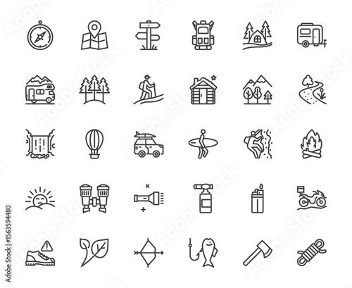 Set of 30 outdoor adventure line icons in minimal style. Includes camping, hiking, climbing, map, fishing, forest, mountains, and more. 48x48 pixel perfect icon editable stroke line