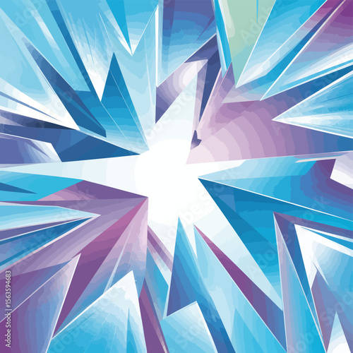 Abstract geometric background of fractured blue and purple shapes radiating from a central white point