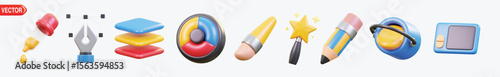 Graphic design 3d icons set. Tools for art and graphics. Bucket, Color Picker, Color Wheel, Drawing Pad, Layers, Magic Tool, Paint Brush, Pencil, Shapes, Vector Pen
