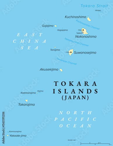 Tokara Islands, island group of Japan, political map. Archipelago in the Nansei Islands, part of the Satsunan Islands and the Ryukyu Archipelago, belonging to Toshima Village, Kagoshima Prefecture.
