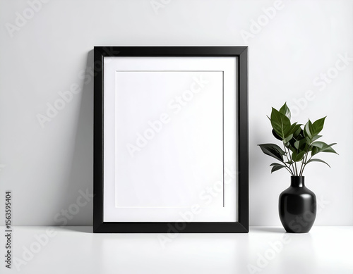 A sleek black picture frame with a white mat stands elegantly on a clean white surface next to a green plant.