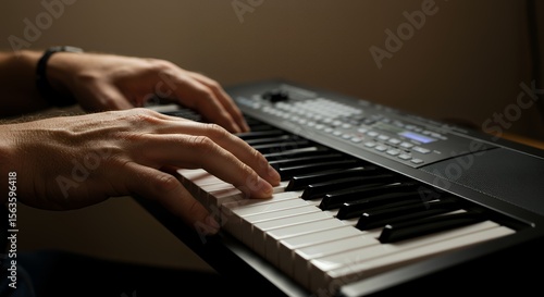 Skilled hands gracefully play a musical keyboard, illuminated by soft light in a dimly lit room, creating a serene and artistic atmosphere.
