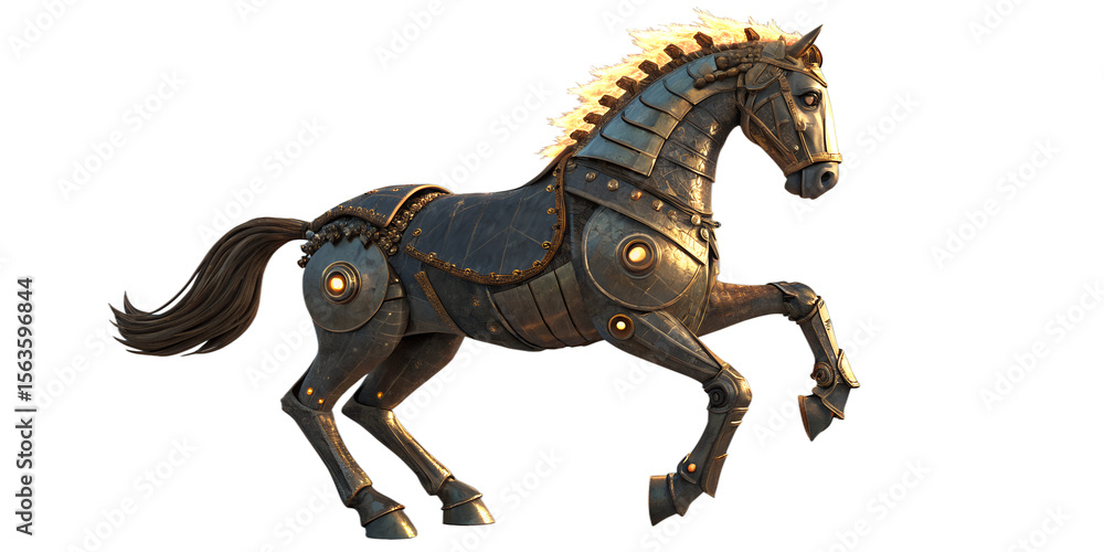 Intricate steampunk mechanical horse with glowing mane and intricate metal armor isolated on transparent background Intricate steampunk mechanical horse with glowing mane and intricate metal armor isolated on transparent background