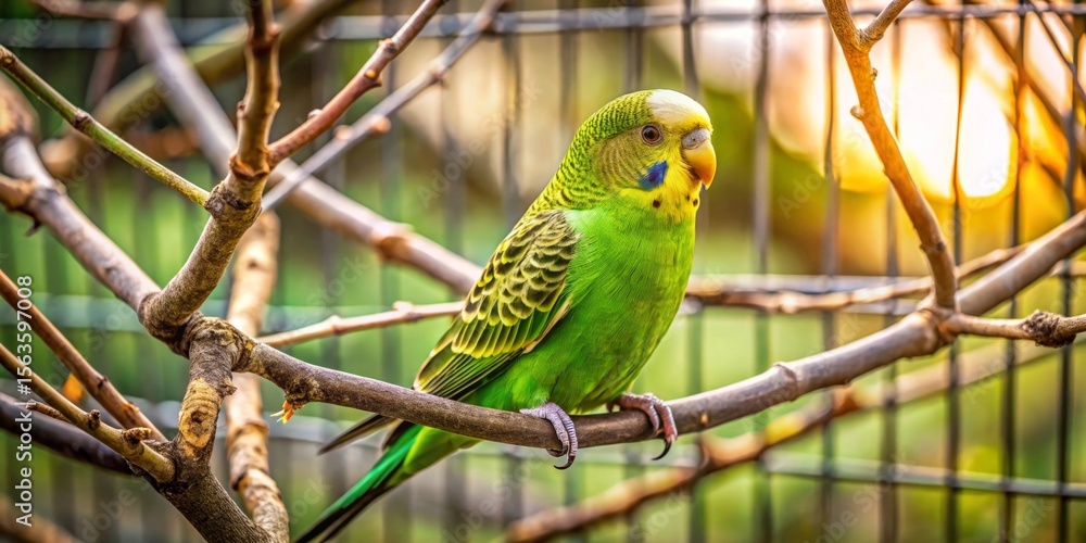 Obraz premium A vibrant green budgie perched on a branch, bathed in the warm glow of the setting sun, a captivating avian portrait in nature's embrace.