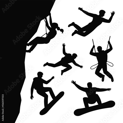Black Silhouette Adventure Sports Set Climbing Skydiving Snowboarding Isolated on White