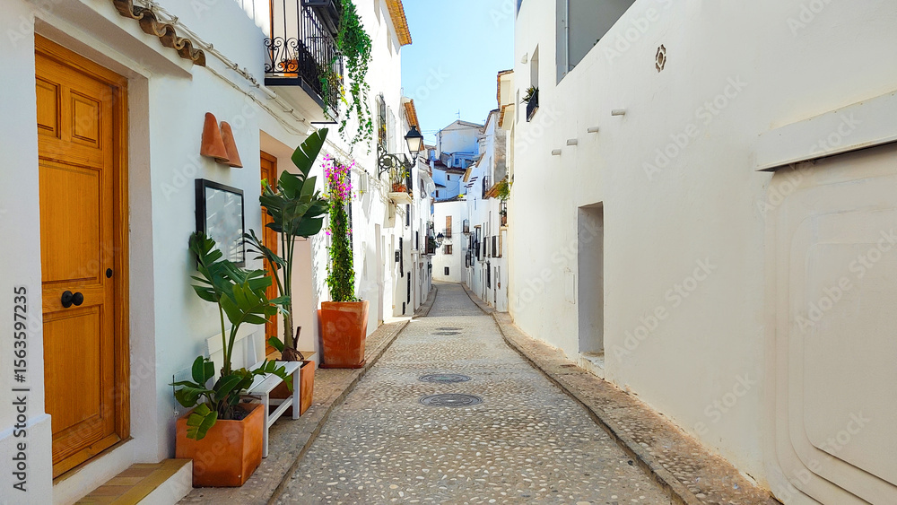 Fototapeta premium Narrow street in a Spanish village with whitewashed buildings and potted plants. The scene captures the charm of traditional Spanish architecture.