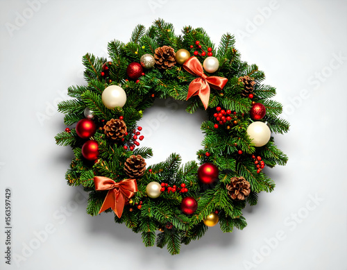 Vibrant Christmas wreath featuring lush green pine, shiny ornaments, and natural accents, perfect for holiday cheer.