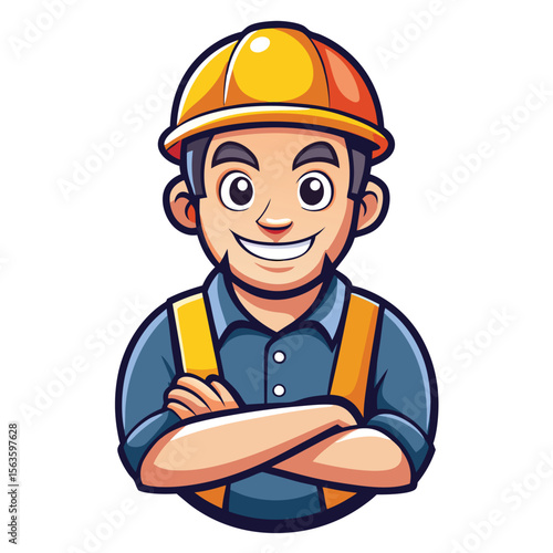 Cartoon worker in a safety helmet and vest, arms crossed
