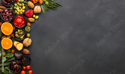 A vibrant assortment of delicious Mediterranean-inspired foods and snacks artfully arranged on a dark background