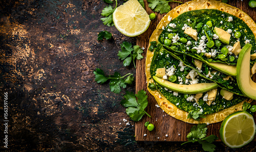 Delicious and vibrant green flatbread with fresh avocado, cheese, and herbs on a rustic board