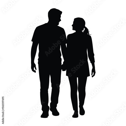 Black silhouette of a couple holding hands walking together on a white background 1