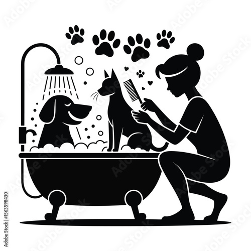 Black silhouette pet grooming scene with dog cat and groomer in bathtub with paw prints