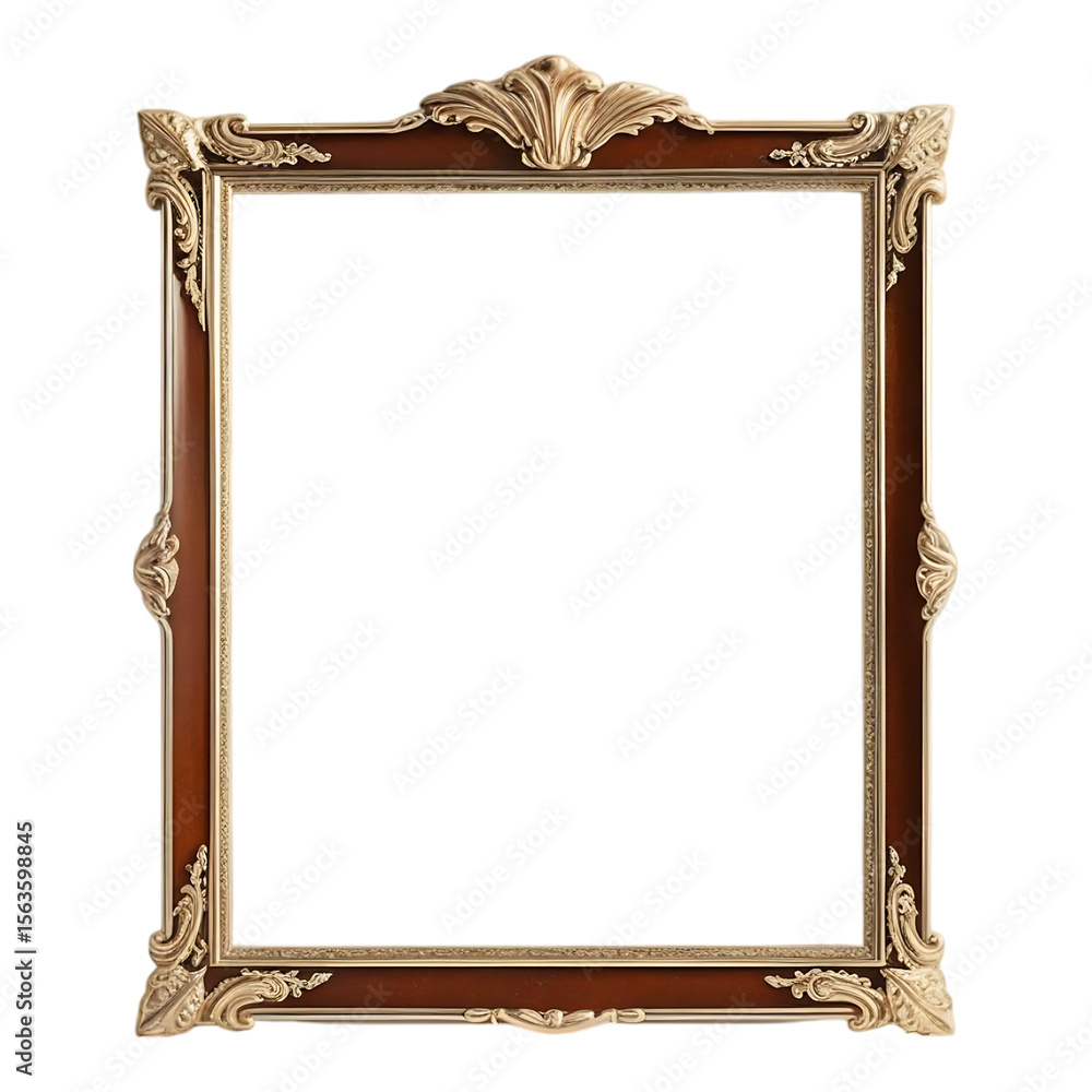 Ornate Rectangular Picture Frame with Brown Wood and Gold Accents. Ornate Rectangular Picture Frame with Brown Wood and Gold Accents.