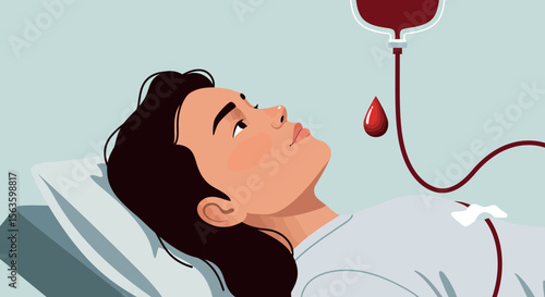 Medical care vector illustration: woman receiving blood transfusion in hospital setting for health and wellness design