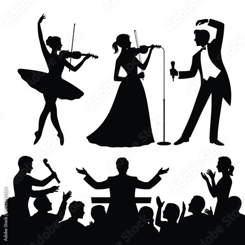 Black silhouette set of performing arts figures including ballet dancer violinist singer and conductor